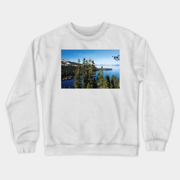 Trees At Lakeshore With Mountain Range In The Background Lake Tahoe Crewneck Sweatshirt by HammiltenJohn